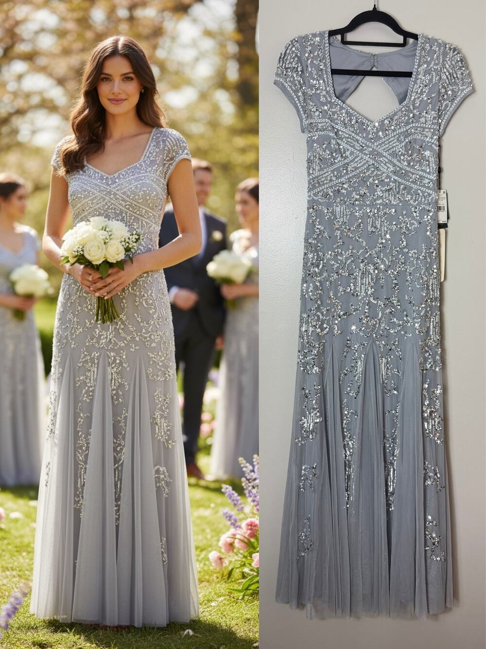Adrianna Papell Silver Beaded Sequin Dress Wedding Guest Formal Evening